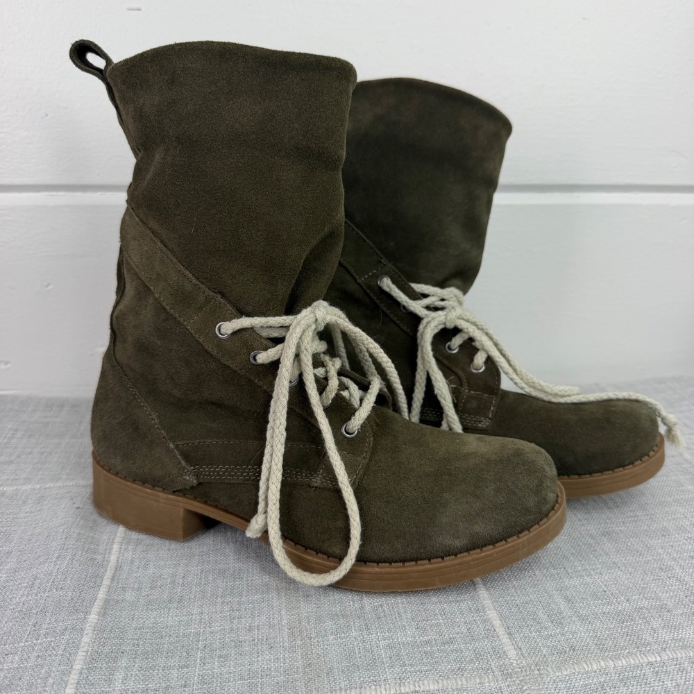 Skechers Olive Green Suede Slouch Mid Calf Combat Boots Rope Laces Womens 7.5